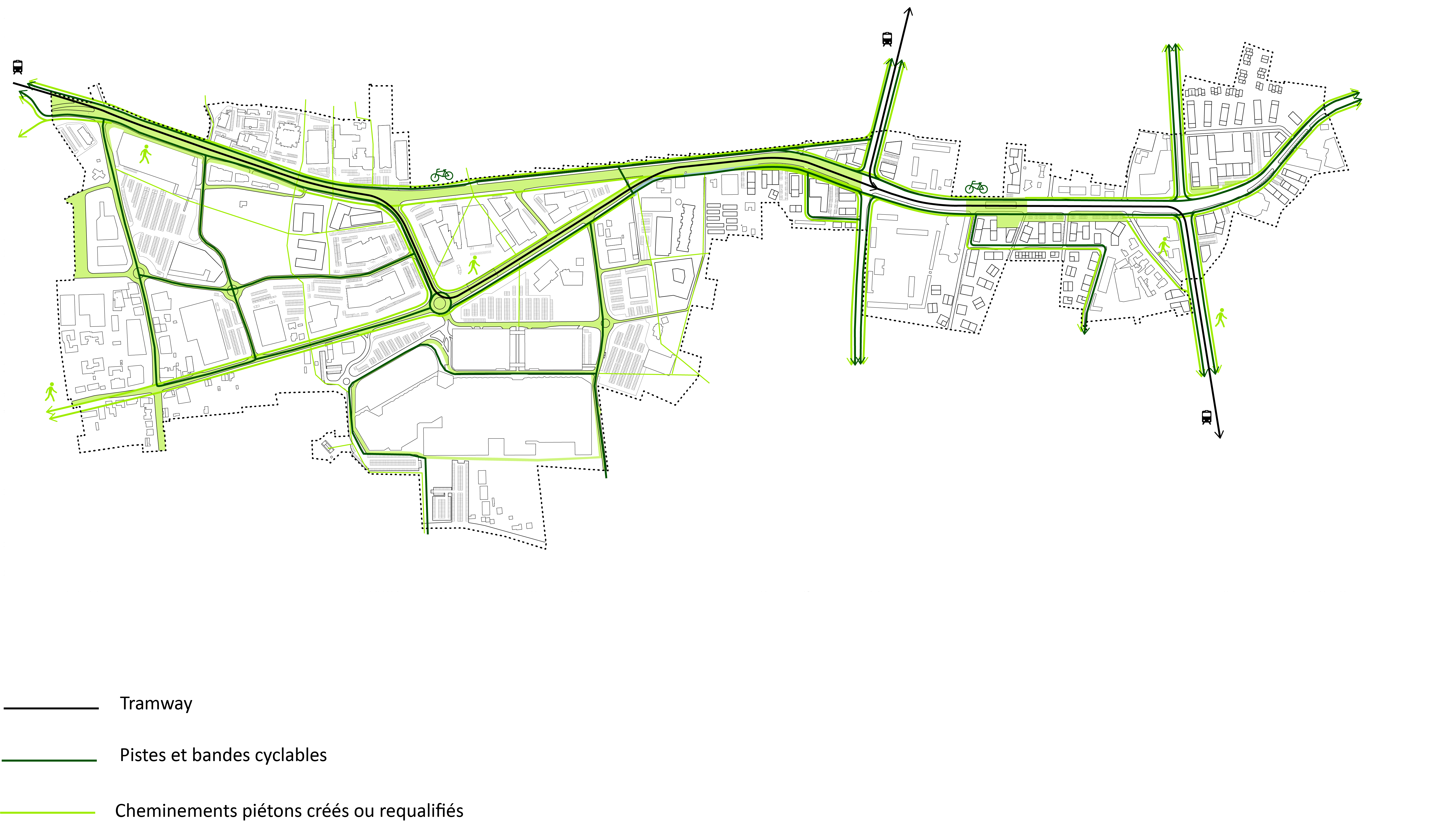 Les voies de circulation douce : tramway, vélo, marche à pied (Martin Duplantier Architectes)